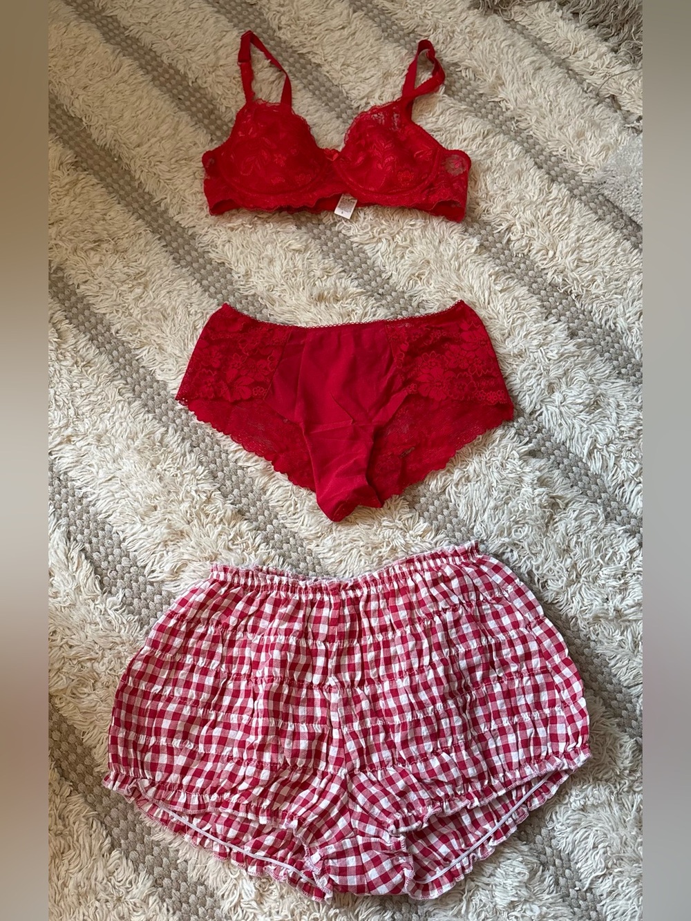 Fashion Nova Red Lace Bra & Brief Set with Red Gingham Lounge Shorts